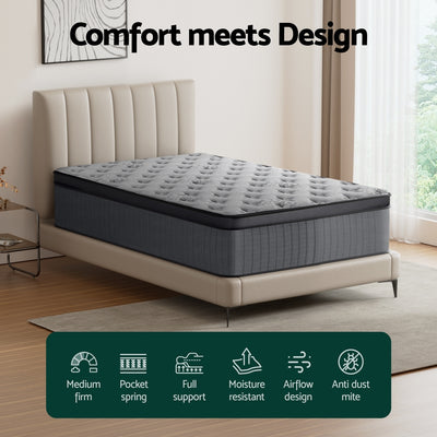 Solene Series Euro Top Mattress 34cm Thick - King Single on beige bed frame, medium firm, pocket spring design