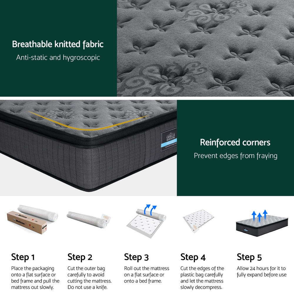 Solene Series Euro Top Mattress 34cm Thick - Single with breathable fabric, reinforced corners, and mattress unpacking steps.