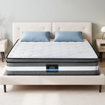 Lvory Euro Top Cooling Gel Pocket Spring Mattress 30cm Thick - King on beige upholstered bed with blue pillows and nightstands