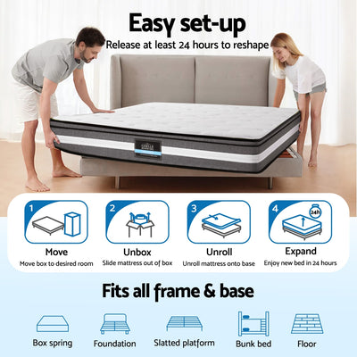 Lvory Euro Top Cooling Gel Pocket Spring Mattress 30cm Thick - Queen shown being set up by two people on bed frame