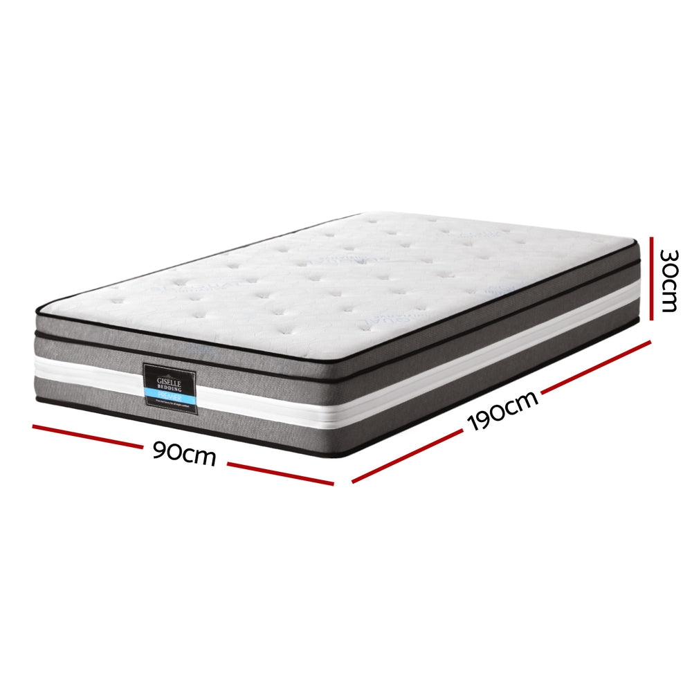 Lvory Euro Top Cooling Gel Pocket Spring Mattress 30cm Thick - Single with gray sides and white tufted top showing dimensions