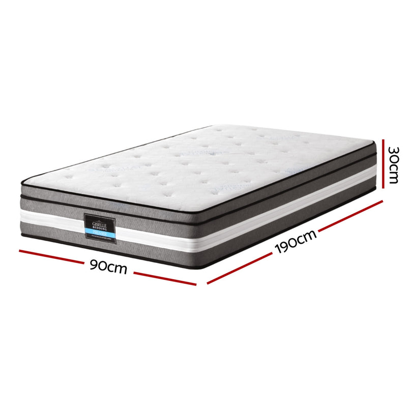 Lvory Euro Top Cooling Gel Pocket Spring Mattress 30cm Thick - Single with gray sides and white tufted top showing dimensions