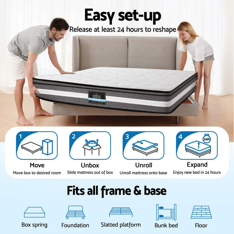 Lvory Euro Top Cooling Gel Pocket Spring Mattress 30cm Thick - Single shown being set up on bed frame with setup steps and compatibility icons