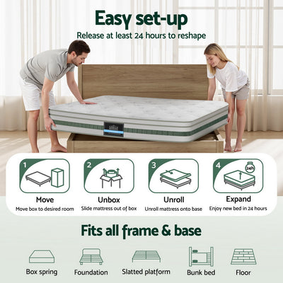 Mint Series Euro Top Mattress 20cm Thick – King being placed on wooden bed frame in bright bedroom setting