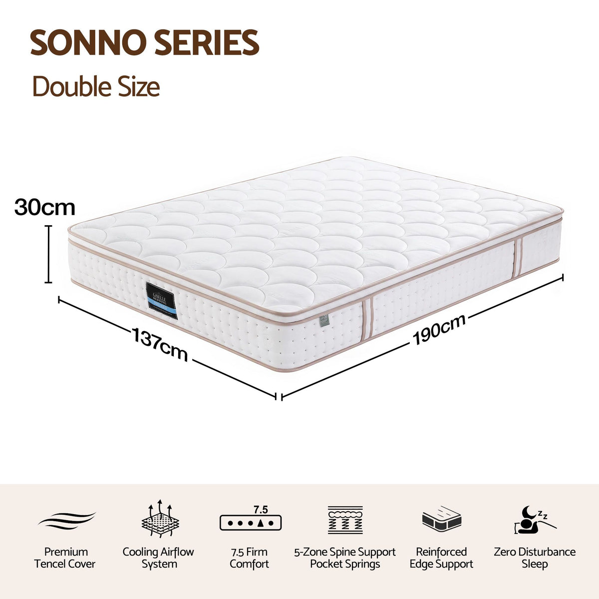 30cm Double Spring Mattress with 5-Zone Firm Back Support and Tencel Cover - White