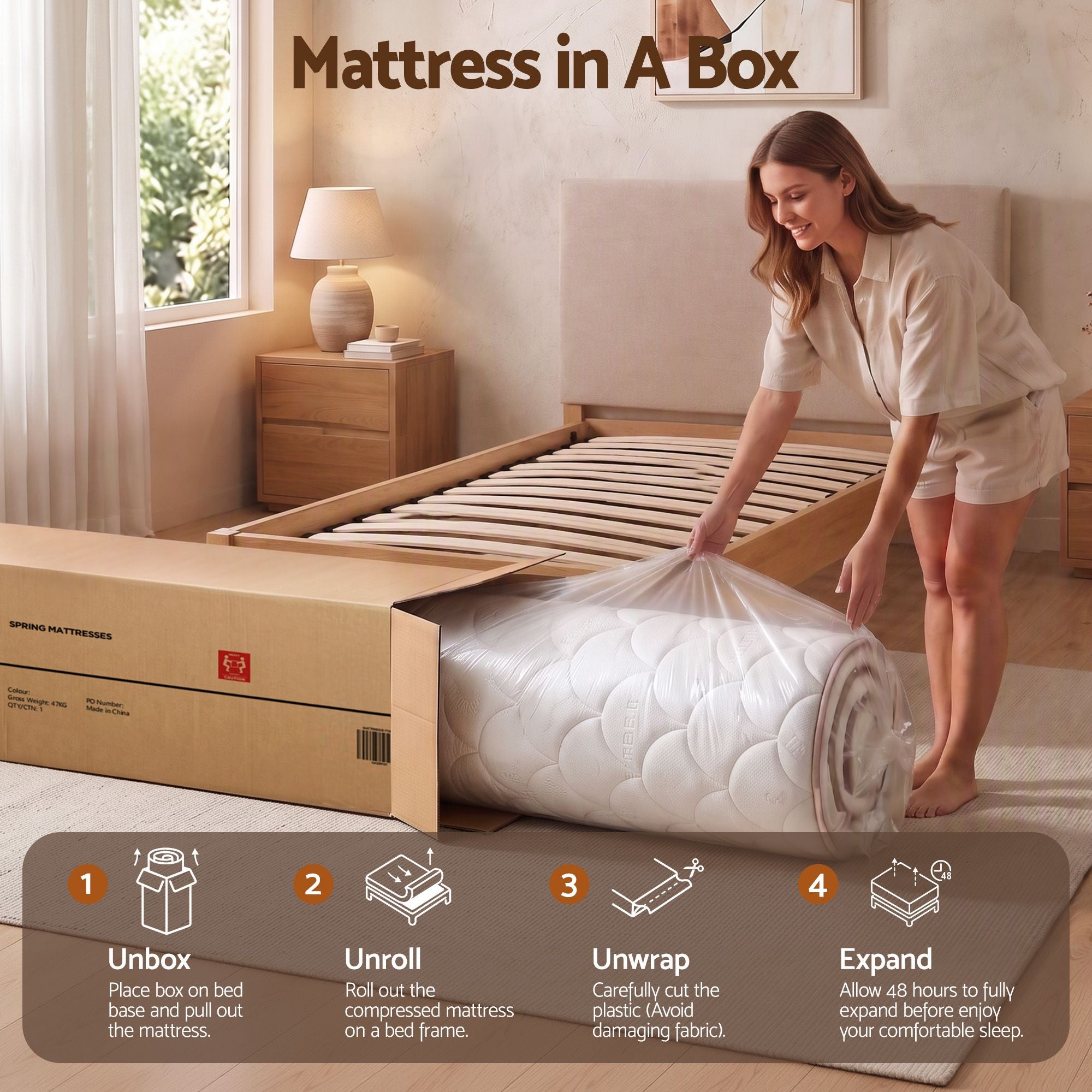 30cm King Single Spring Mattress with 5-Zone Firm Back Support and Tencel Cover - White