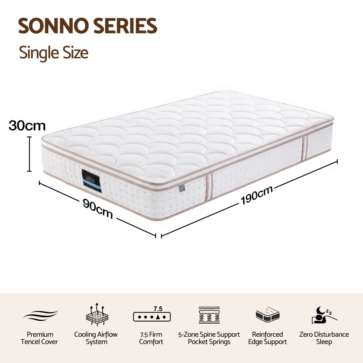 30cm Single 5-Zone Firm Spring Mattress with Tencel Cover - White