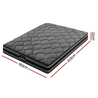 Wendell Pocket Spring Mattress 22cm Thick - King in gray with quilted top and black side panels, showing mattress dimensions.