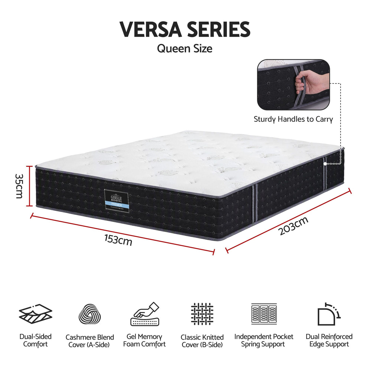 Queen Reversible Spring Mattress 35cm with Cashmere Cover and Gel Foam - White/Charcoal
