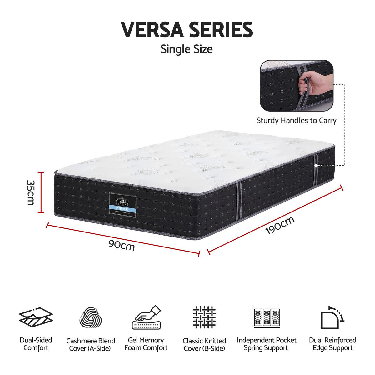 Single Reversible Spring Mattress with Cashmere Cover Gel Foam Firm 35cm - White/Charcoal
