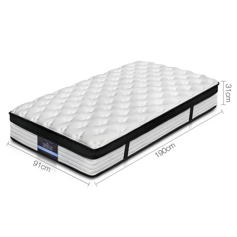 Devon Euro Top Pocket Spring Mattress 31cm Thick - Single with quilted top and side handles shown with size dimensions