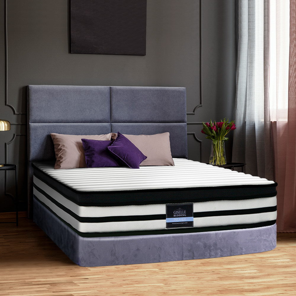 Rostock Euro Top Pocket Spring Mattress 27cm Thick - Double in bedroom setting with upholstered bed frame and pillows.