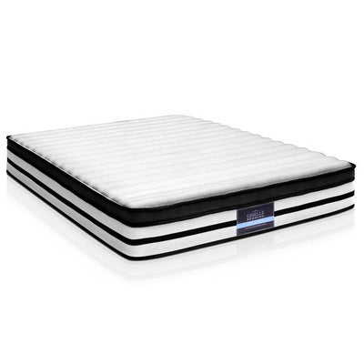 Rostock Euro Top Pocket Spring Mattress 27cm Thick - Double with white quilted top and black striped sides on white background