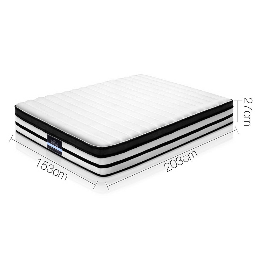 Rostock Euro Top Pocket Spring Mattress 27cm Thick - Queen with black and white striped sides shown with dimensions