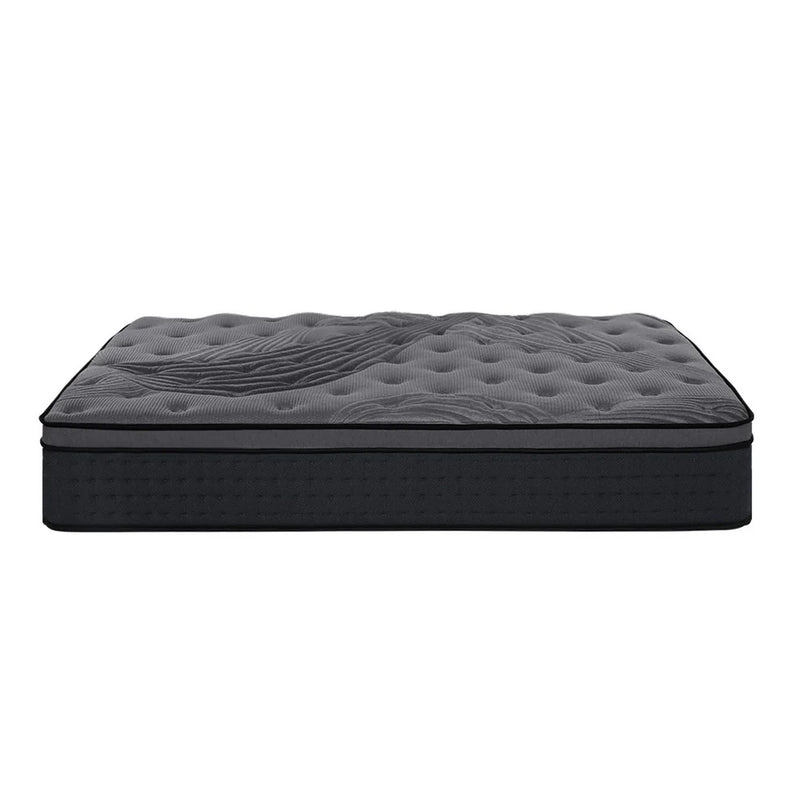 King Ultra Package | Henley LED Bed Black mattress with pillowtop topper, pocket spring design, and plush gray upholstery