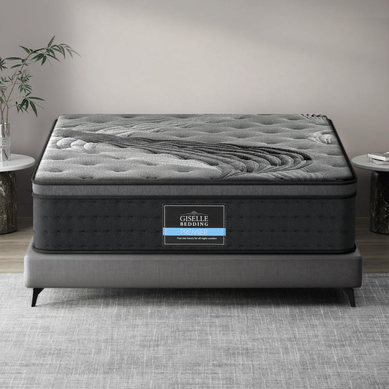 King Comfort Package | Alanya Euro Top Mattress (Medium Firm) on gray upholstered bed frame in modern bedroom setting