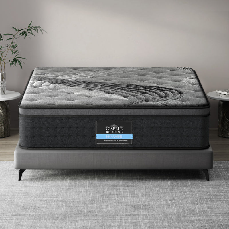 Alanya Euro Top Pocket Spring Mattress 34cm Thick - Queen on gray bed frame in modern bedroom setting