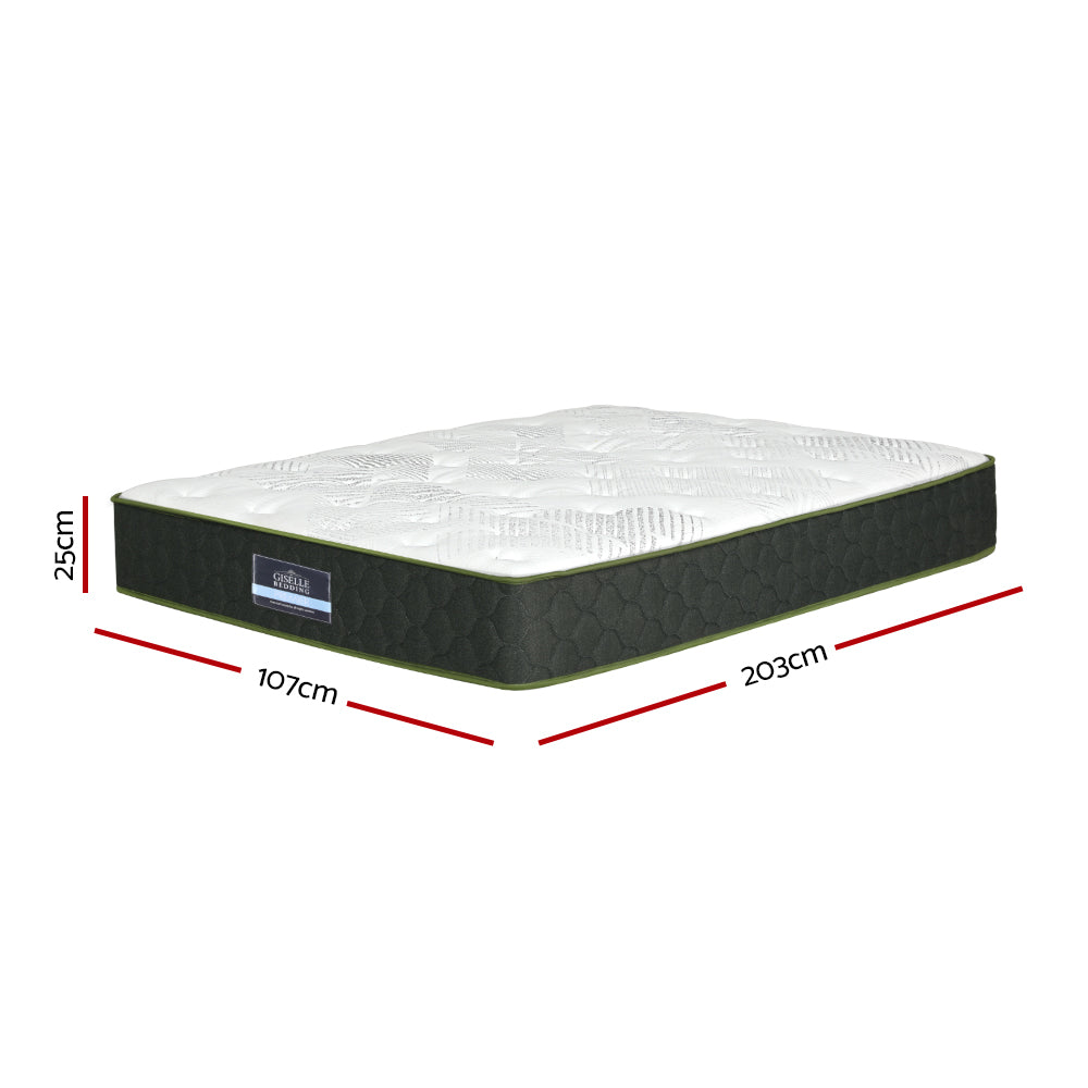 Beryl Series Green Tea Infused Mattress 25cm Thick - King Single with quilted top and dark green sides shown with dimensions