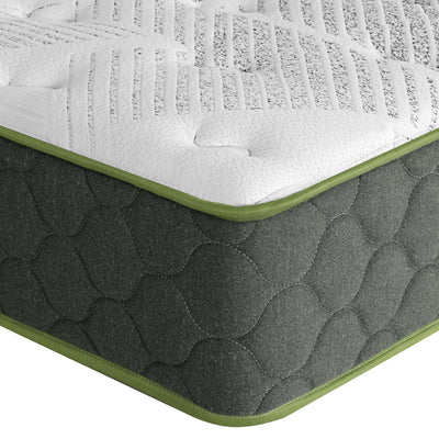 Close-up of Beryl Series Green Tea Infused Mattress 25cm Thick - Single with textured cover and green edging on black background