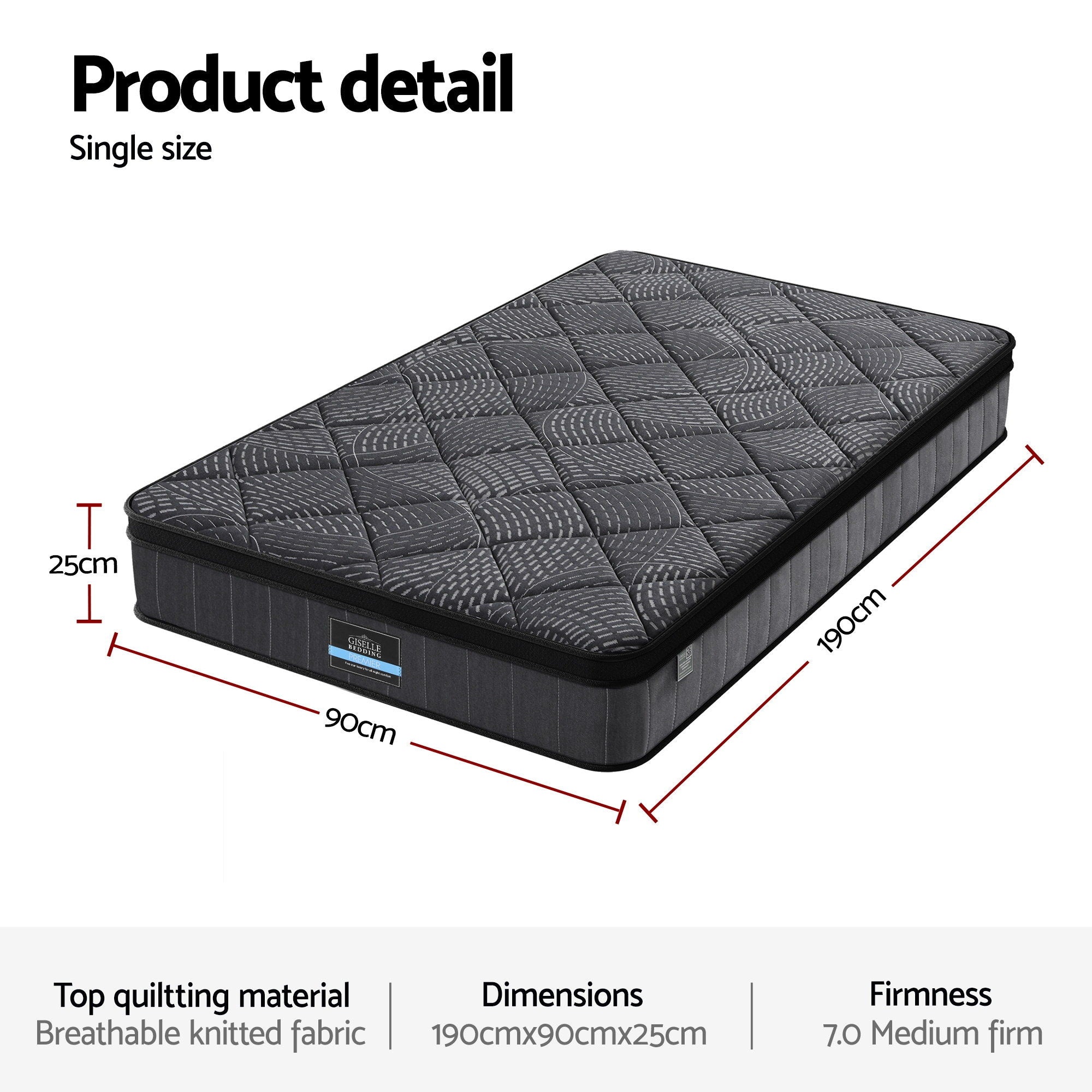 Single Mattress 25cm Pocket Spring Latex Euro Top Medium Firm Bed
