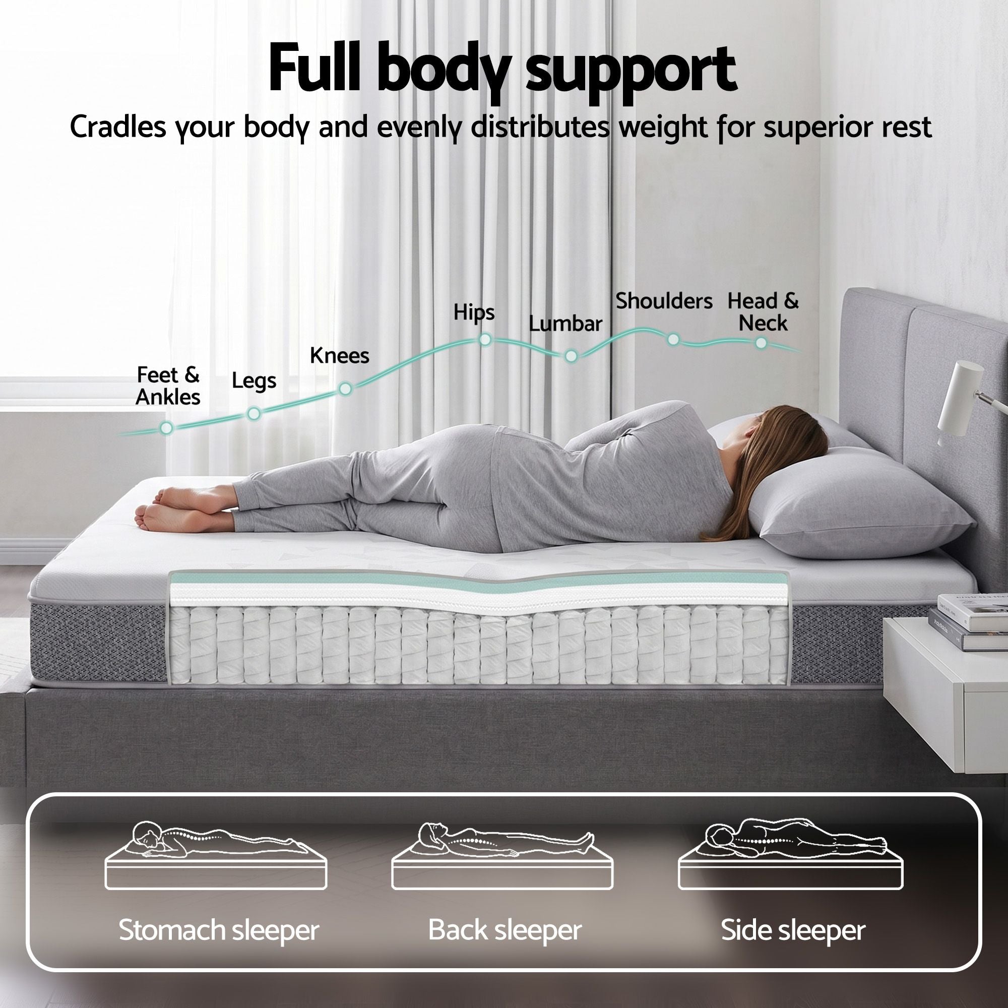 King Single Mattress 23cm Pocket Spring Mattress with Adjustable Firmness Reversible Foam Layer for Medium Firm & Firm Support Motion Isolation Bedroom Bed