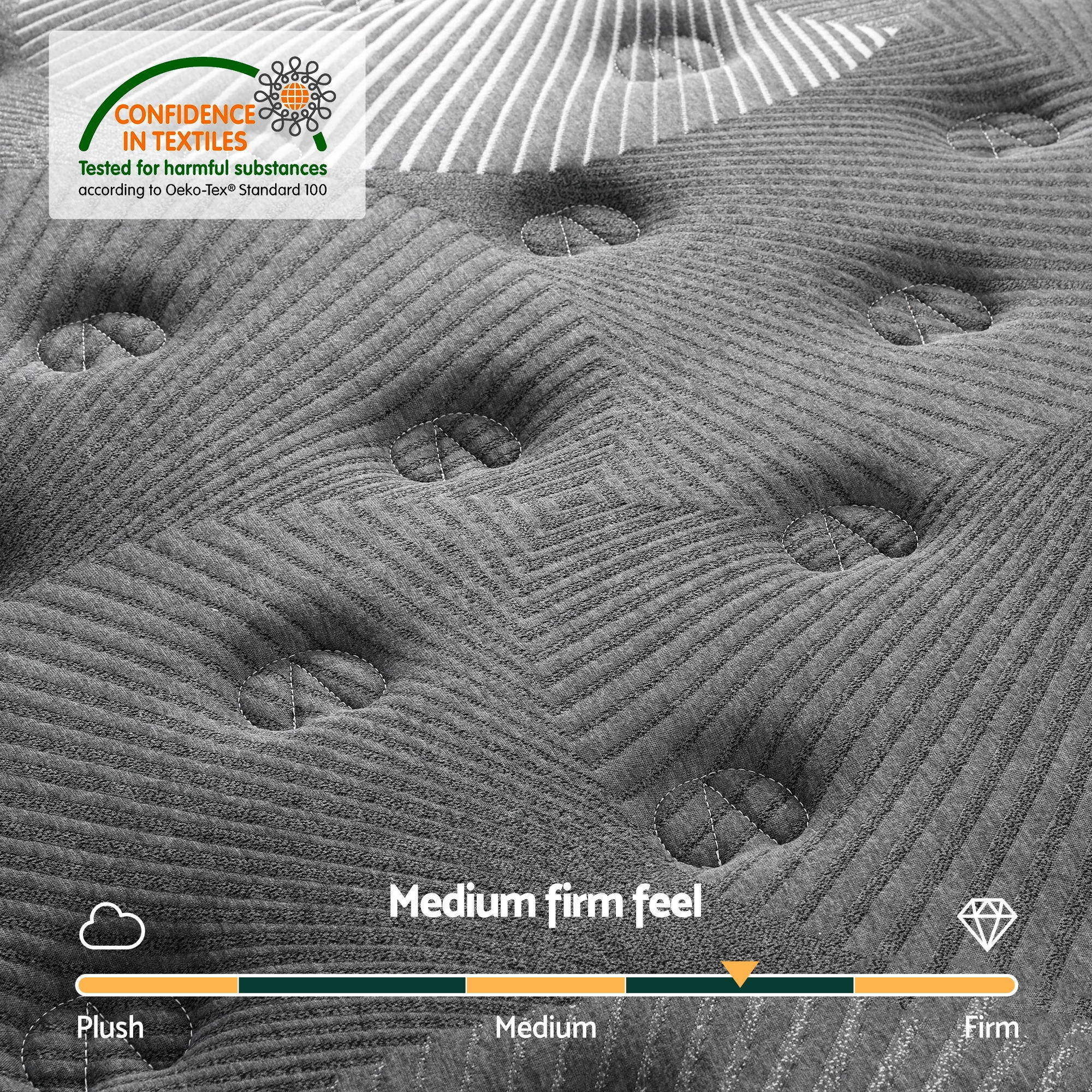 Close-up of the 35cm Mattress Graphene Memory Foam Medium Firm Euro Top Mattresses King Single with textured surface and firmness scale.