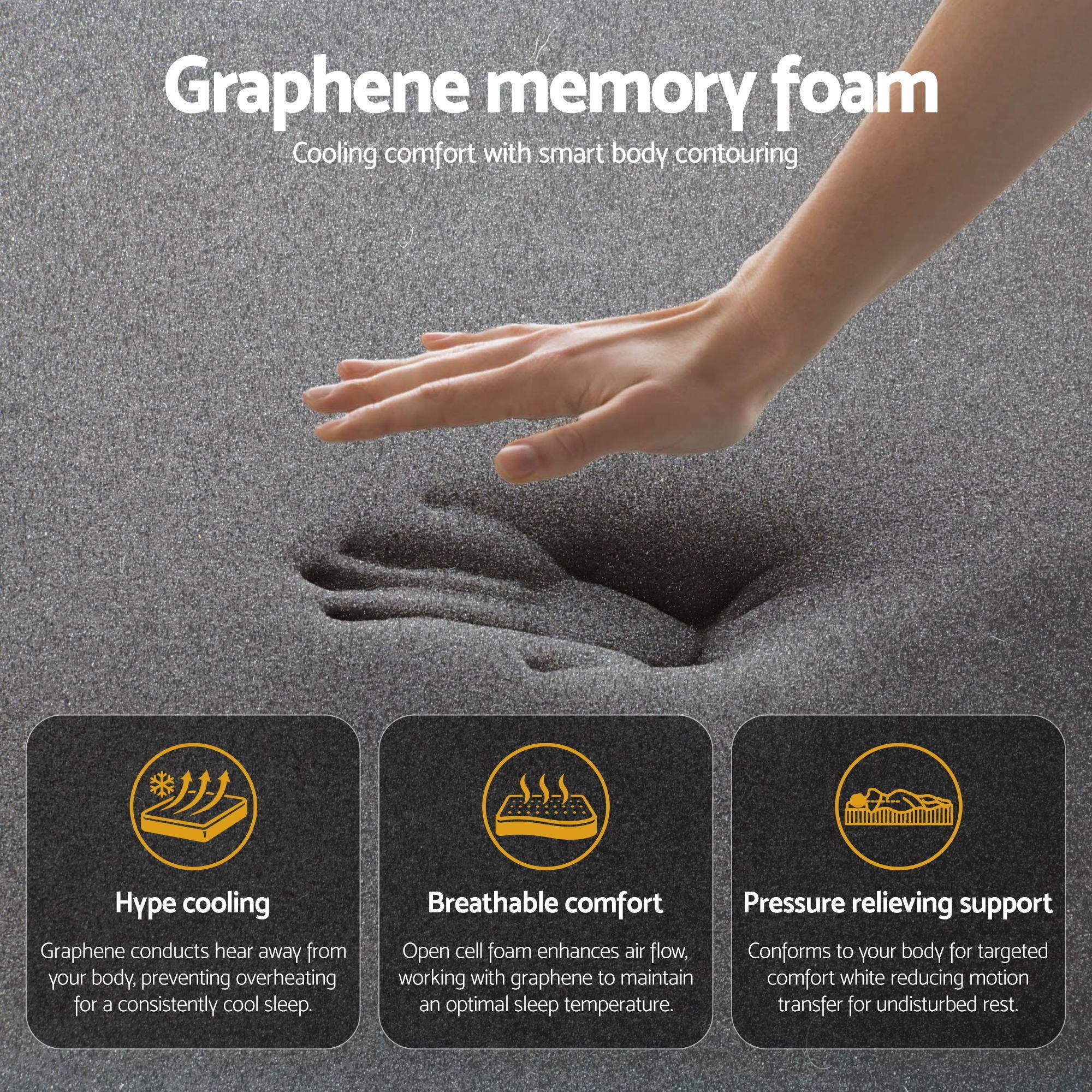Hand pressing gray graphene memory foam showing cooling, breathable comfort, and pressure relieving support for 35cm Mattress Graphene Memory Foam Medium Firm Euro Top Mattresses Queen