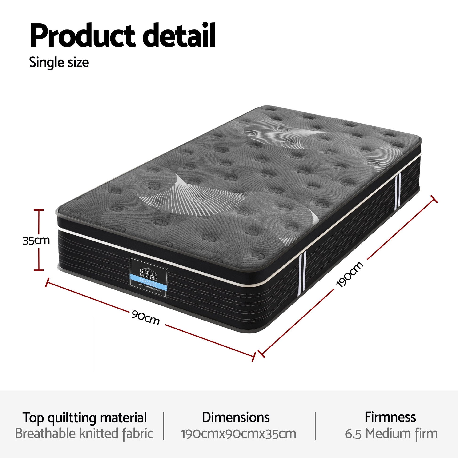 35cm Mattress Graphene Memory Foam Medium Firm Euro Top Mattresses Single with breathable quilted fabric, shown with size dimensions