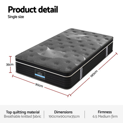 35cm Mattress Graphene Memory Foam Medium Firm Euro Top Mattresses Single with breathable quilted fabric, shown with size dimensions