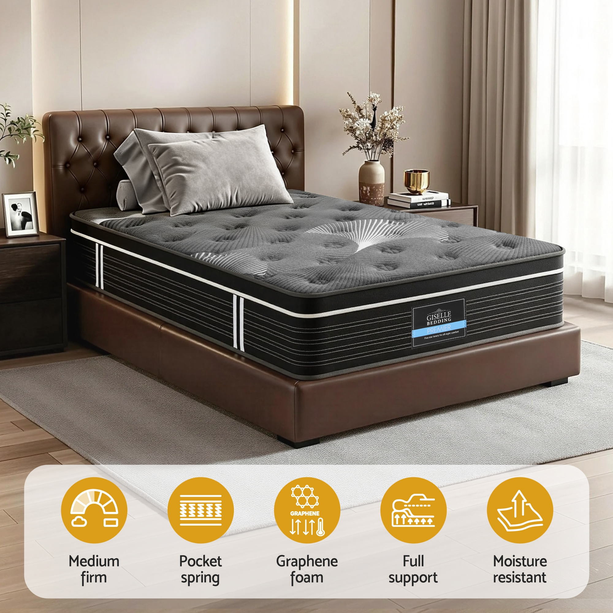 35cm Mattress Graphene Memory Foam Medium Firm Euro Top Mattresses Single on brown upholstered bed frame in bedroom setting