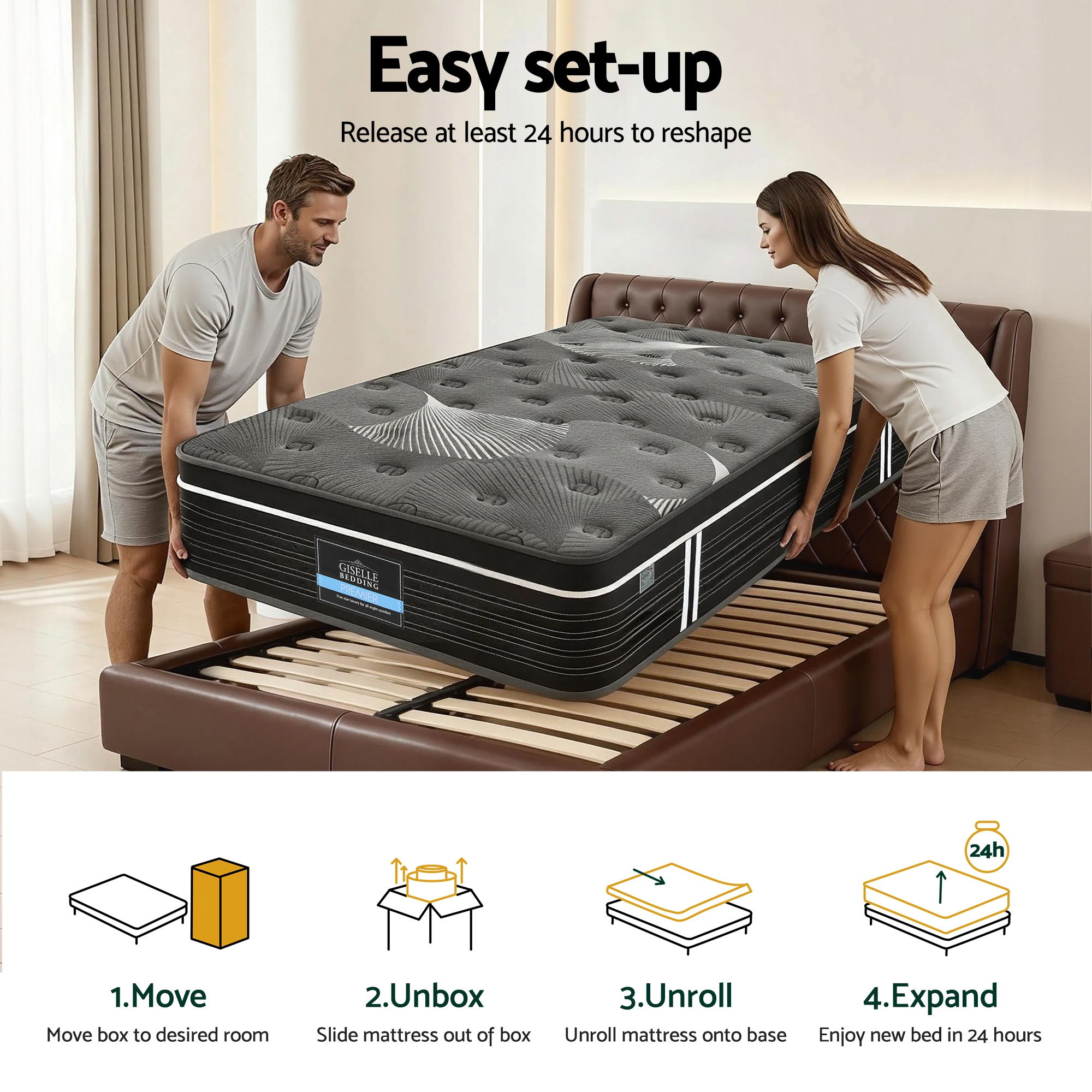 Couple setting up 35cm Mattress Graphene Memory Foam Medium Firm Euro Top Mattresses Single on brown leather bed frame with slats