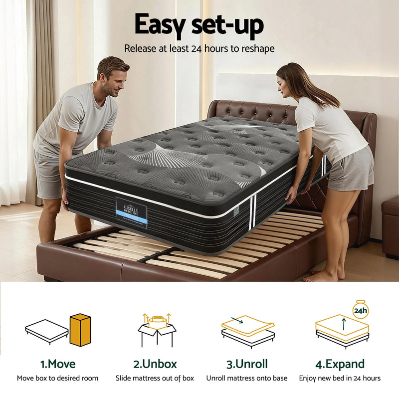 Couple setting up 35cm Mattress Graphene Memory Foam Medium Firm Euro Top Mattresses Single on brown leather bed frame with slats