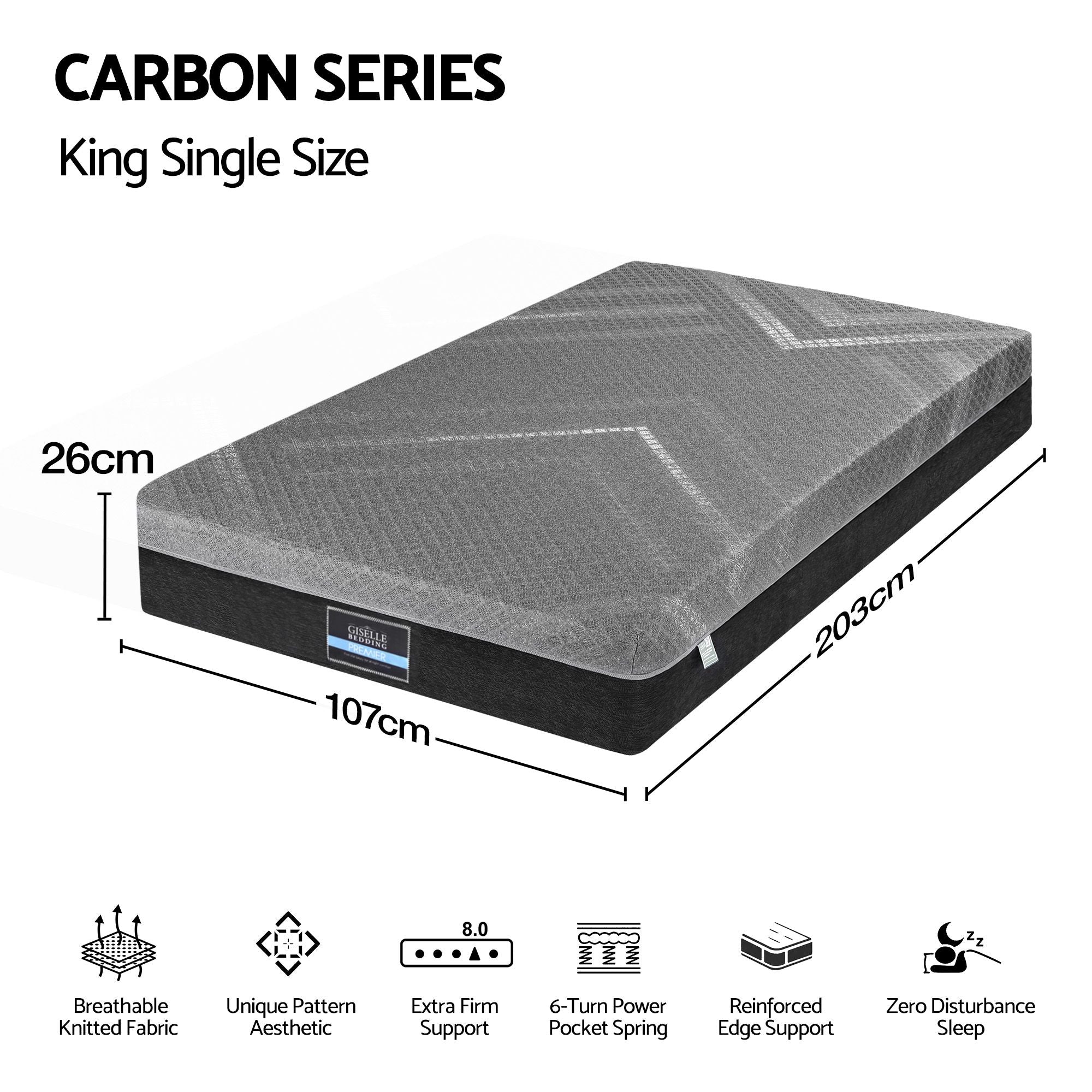 King Single Mattress 26cm Firm Pocket Spring Dual Edge Support Dark Grey