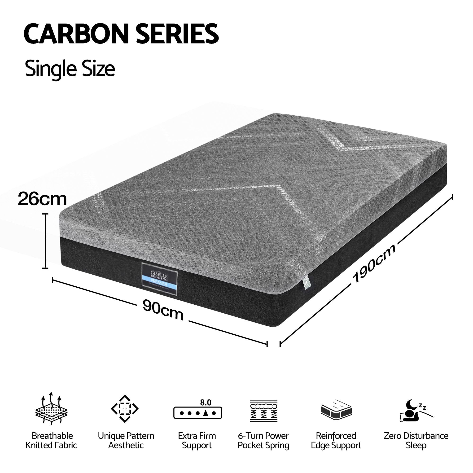 Single Mattress 26cm Firm Pocket Spring Dual Edge Support Dark Grey