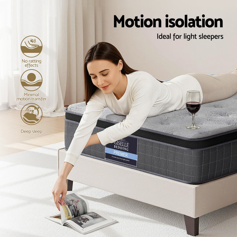 26cm Mattress King Single Latex Foam Mattresses on bed frame with woman reading, showcasing motion isolation features