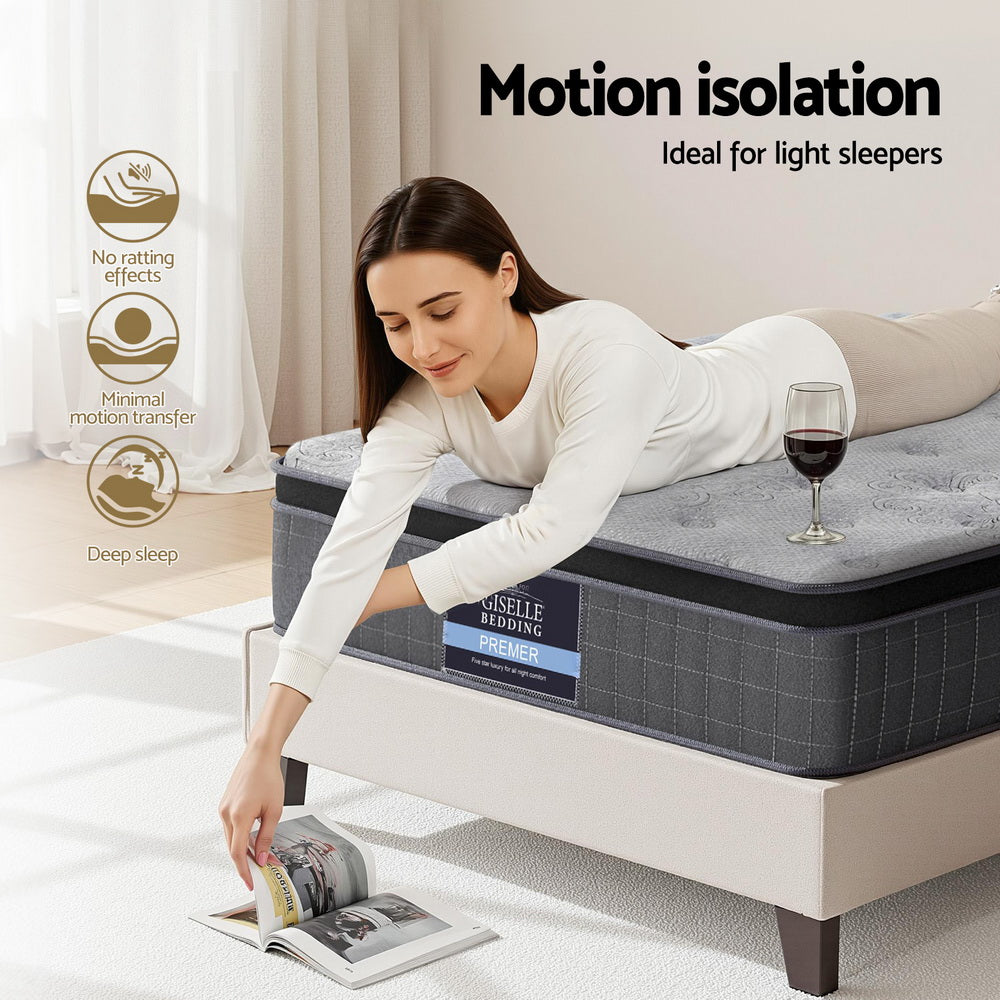 26cm Mattress Single Latex Foam Mattresses with gray quilted cover on beige bed frame, showing motion isolation features