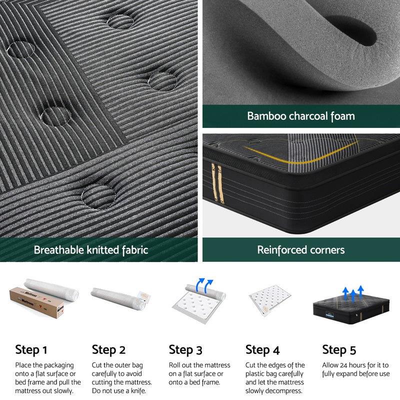 Detailed close-up of Midnight Series Bamboo Charcoal Euro Top Mattress 35cm Thick - Queen showing fabric, foam, reinforced corners, and unboxing steps