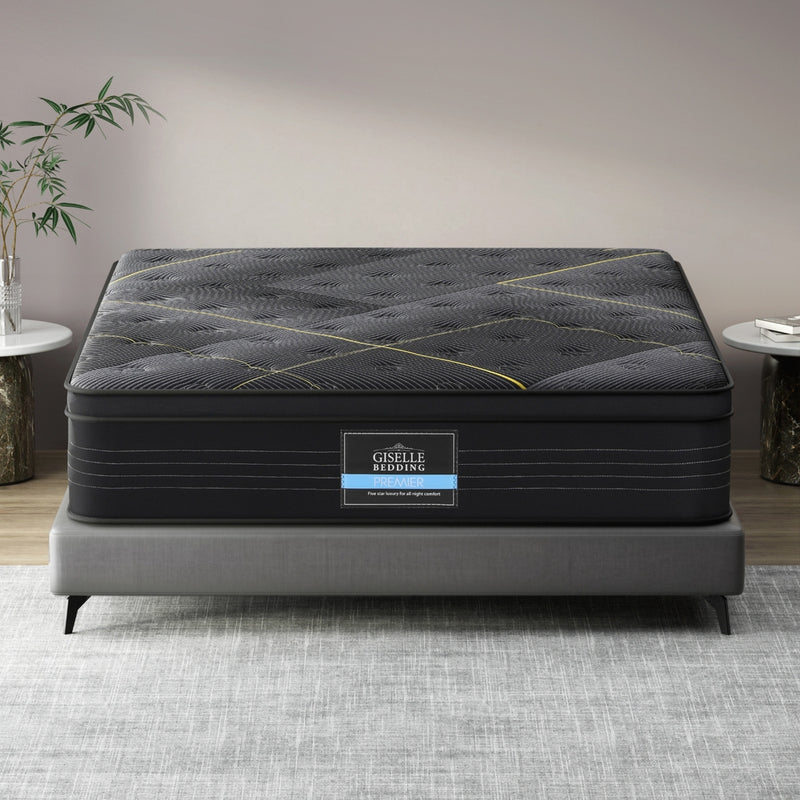 Midnight Series Bamboo Charcoal Euro Top Mattress 35cm Thick - Queen on gray bed frame in modern bedroom setting