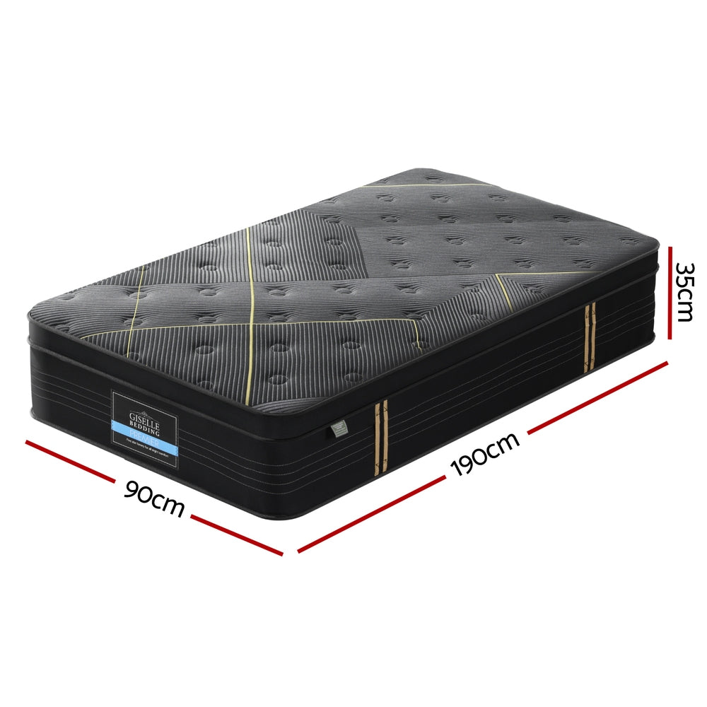 Midnight Series Bamboo Charcoal Euro Top Mattress 35cm Thick - Single with black textured cover and dimensions markings