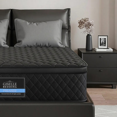Mattress 34cm 5-Zone Pocket Spring Egg-crate Memory Foam Double in black with quilted top on modern black bed frame in bedroom setting