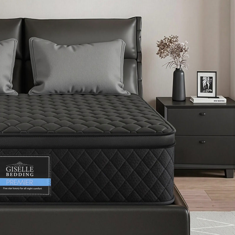 Mattress 34cm 5-Zone Pocket Spring Egg-crate Memory Foam Double in black with quilted top on modern black bed frame in bedroom setting