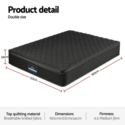 Mattress 34cm 5-Zone Pocket Spring Egg-crate Memory Foam Double with breathable quilted fabric and medium firm support