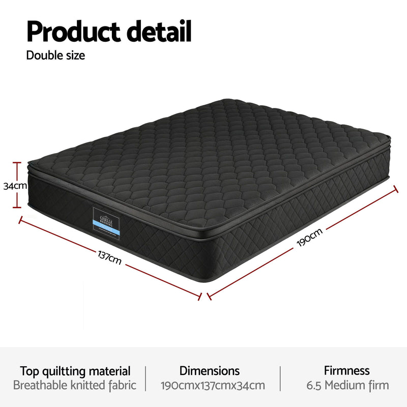 Mattress 34cm 5-Zone Pocket Spring Egg-crate Memory Foam Double with breathable quilted fabric and medium firm support