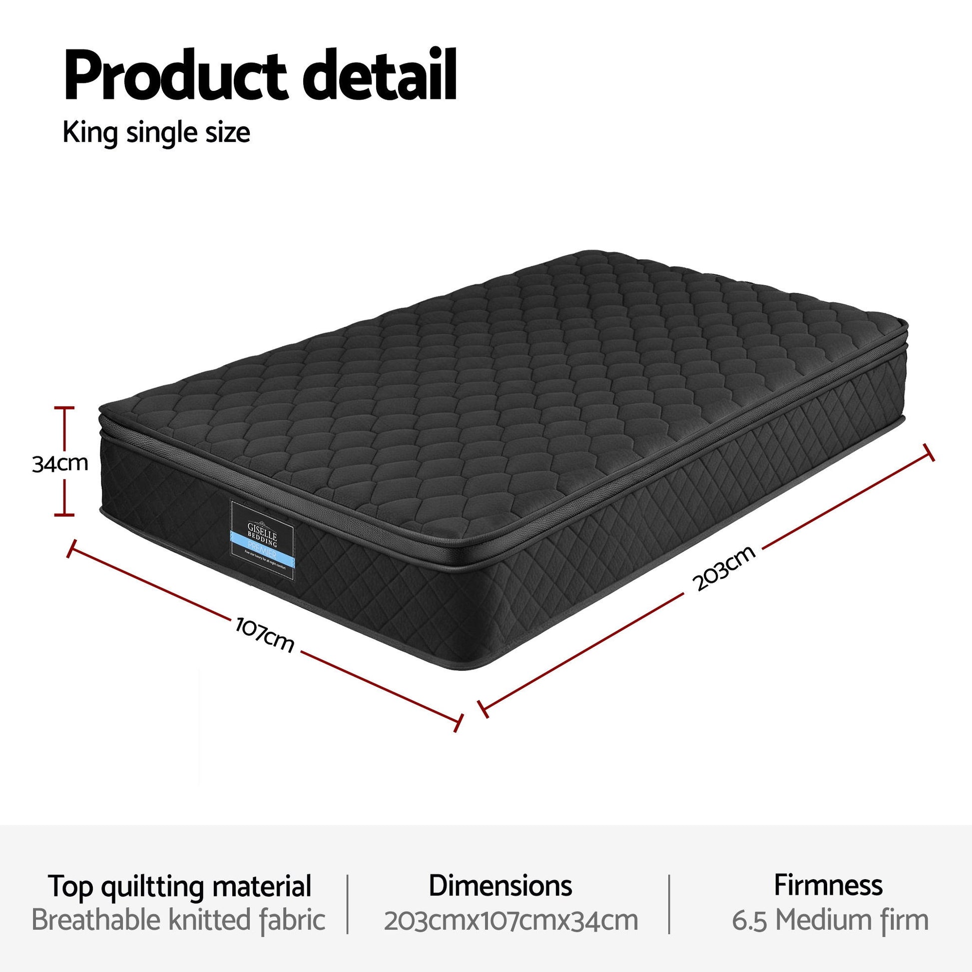 Mattress 34cm 5-Zone Pocket Spring Egg-crate Memory Foam King Single with quilted black breathable fabric, 203x107cm, medium firm