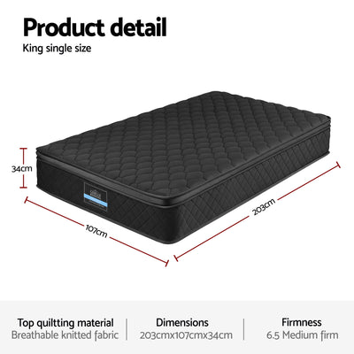 Mattress 34cm 5-Zone Pocket Spring Egg-crate Memory Foam King Single with quilted black breathable fabric, 203x107cm, medium firm