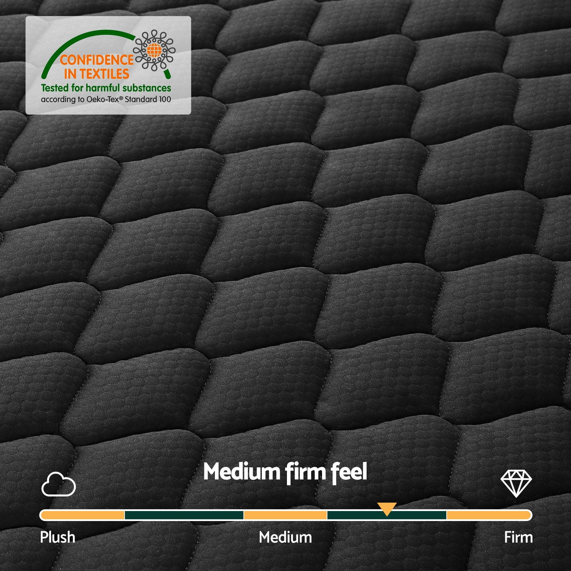 Close-up of textured black surface on Mattress 34cm 5-Zone Pocket Spring Egg-crate Memory Foam King Single showing medium firm rating and certification badge