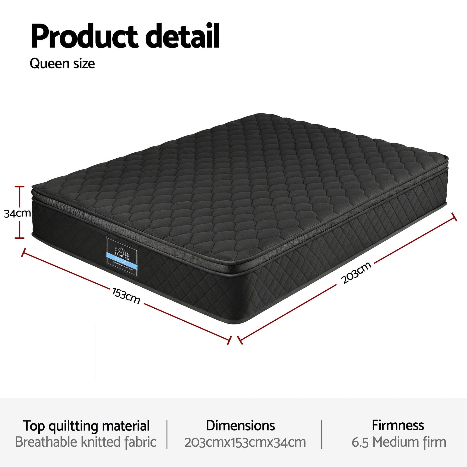 Mattress 34cm 5-Zone Pocket Spring Egg-crate Memory Foam Queen in black with quilted top and 6.5 medium firm rating