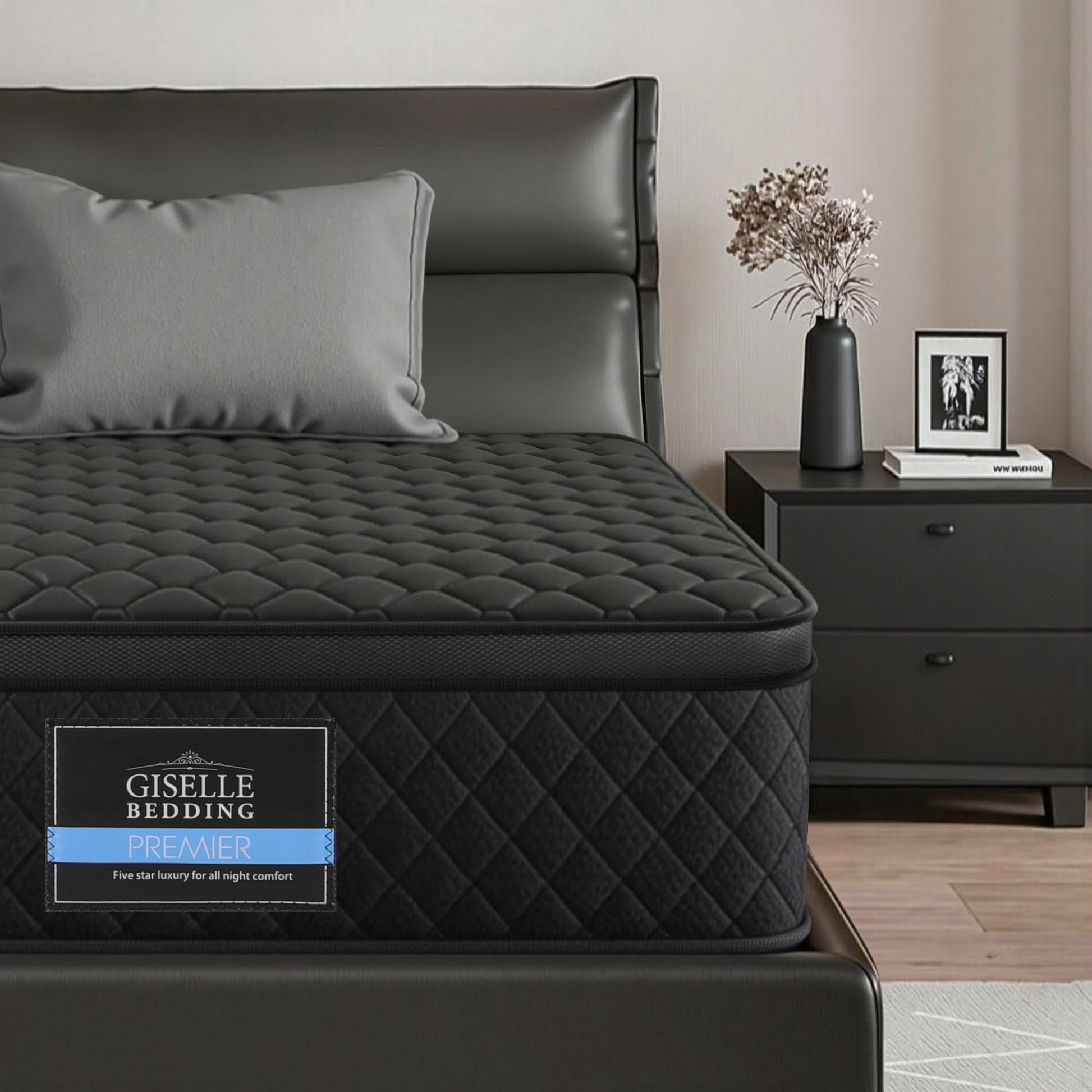 Mattress 34cm 5-Zone Pocket Spring Egg-crate Memory Foam Single on black bed frame next to black bedside table
