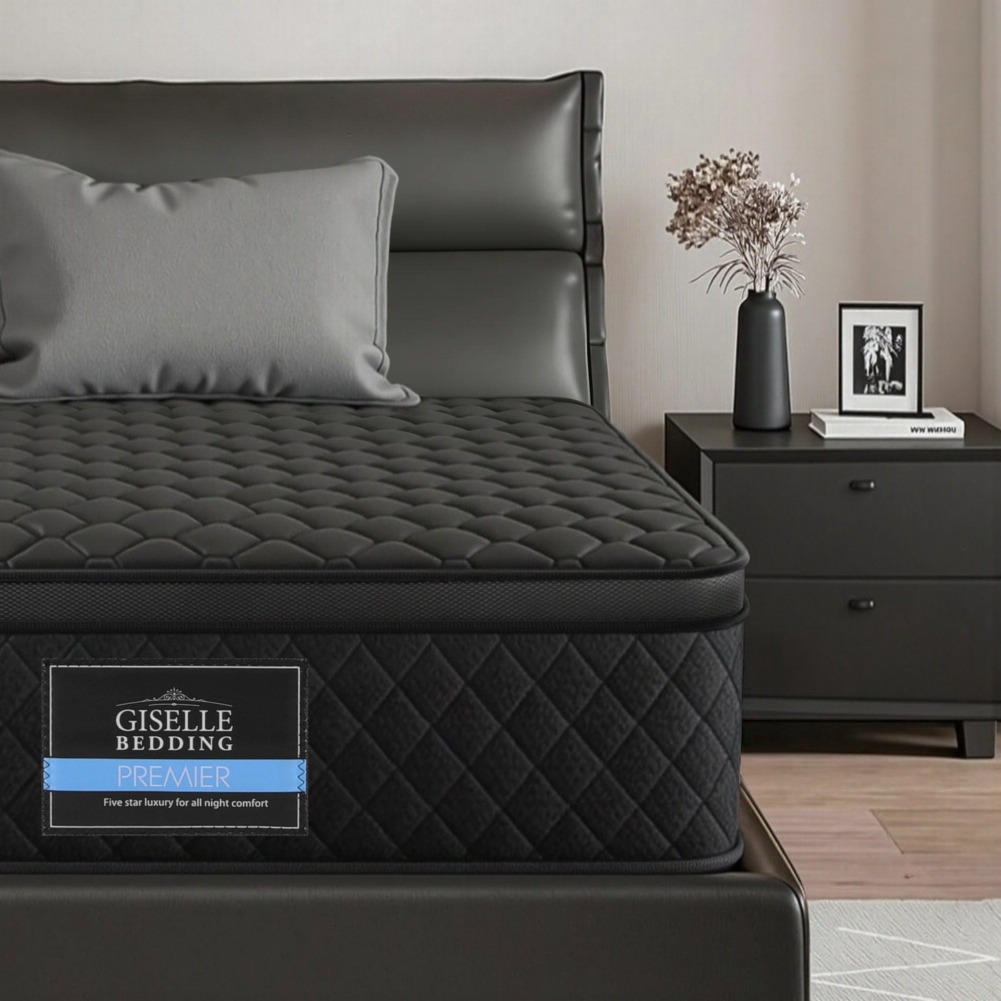 Mattress 34cm 5-Zone Pocket Spring Egg-crate Memory Foam Single on black bed frame next to black bedside table
