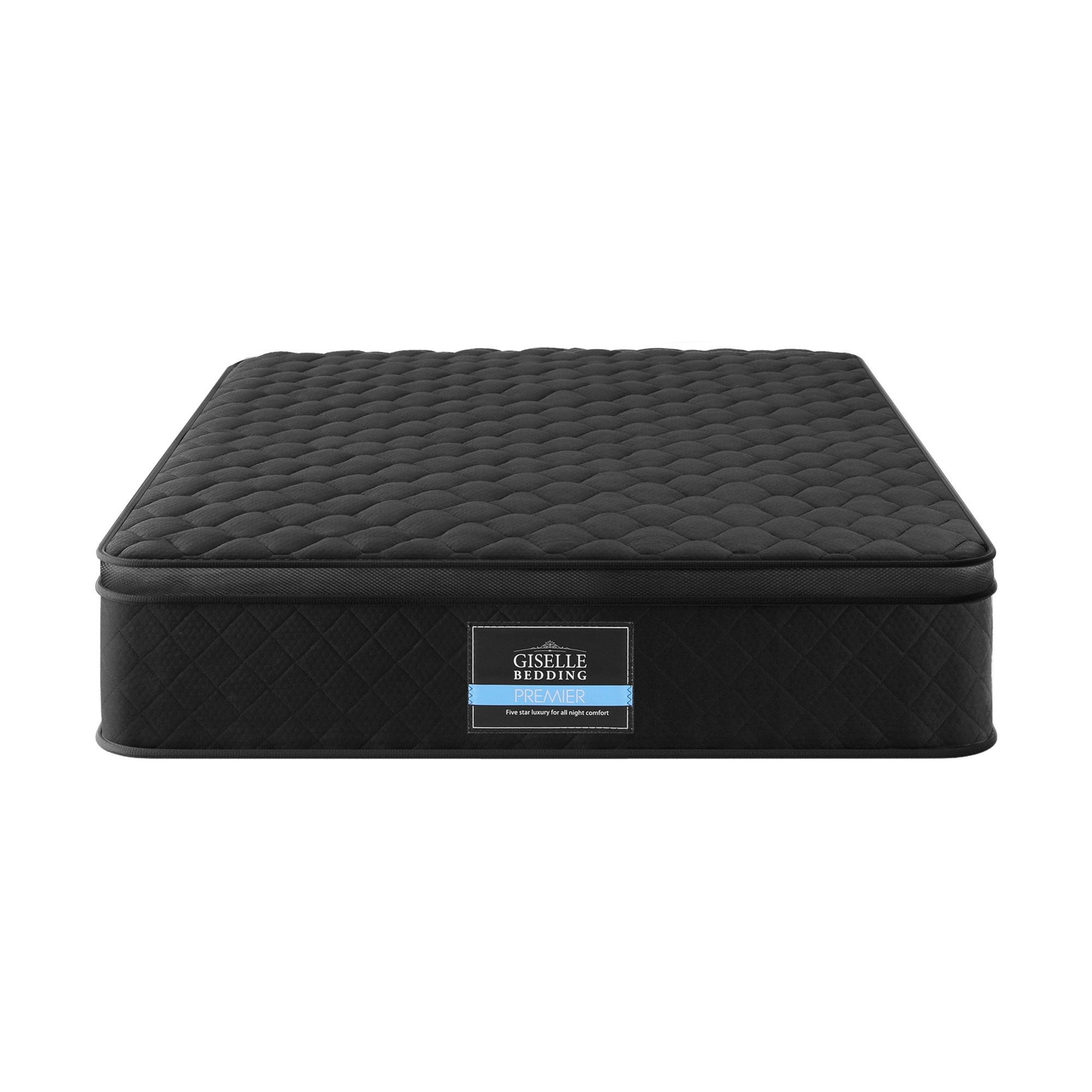 Mattress 34cm 5-Zone Pocket Spring Egg-crate Memory Foam Single in black with quilted top and label on white background